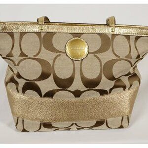 Coach F 15112 signature tote beige, brown shoulder bag with gorld band